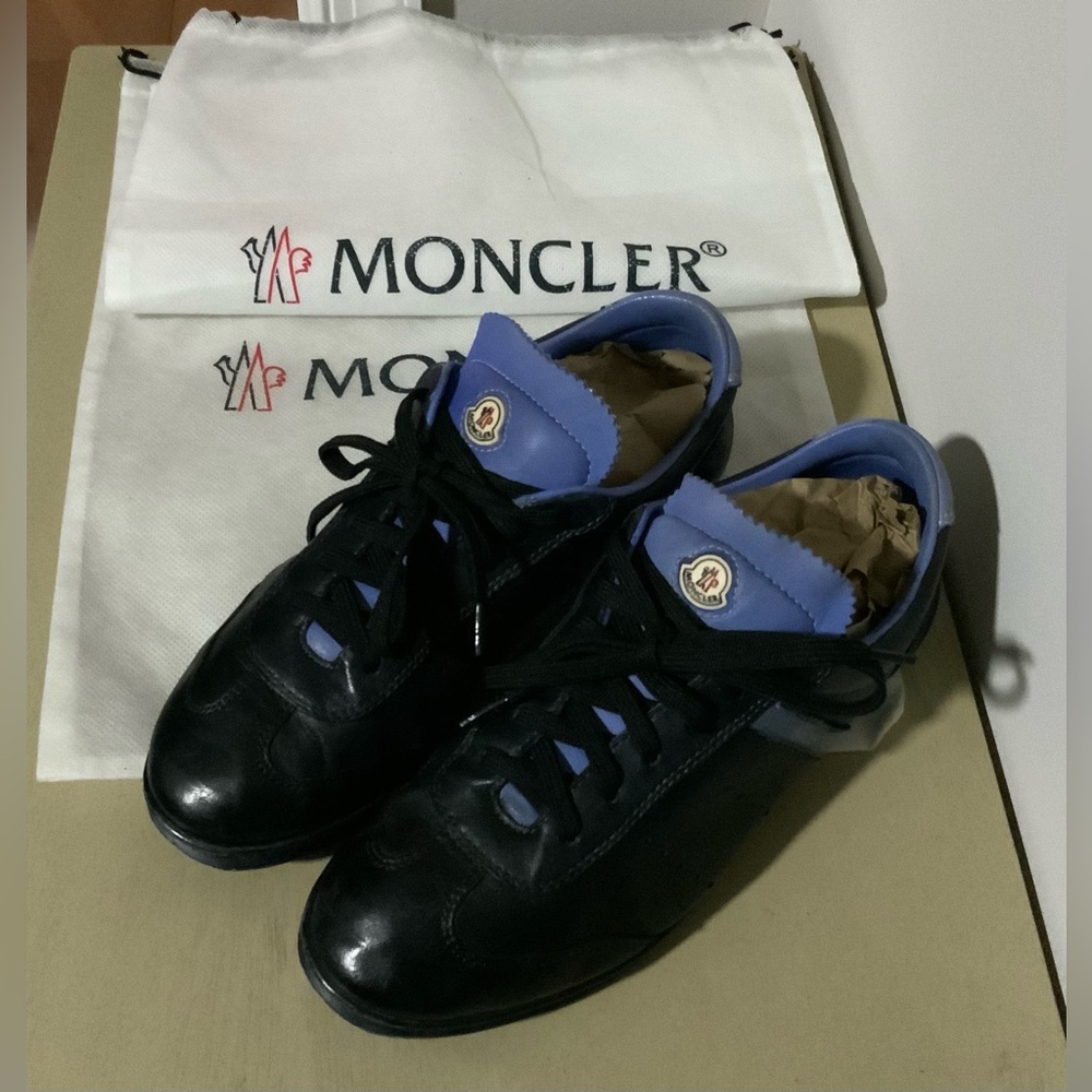 Moncler Sneakers Black & Purple Leather Size 38 US 7.5–8 Italian Designer Shoes
